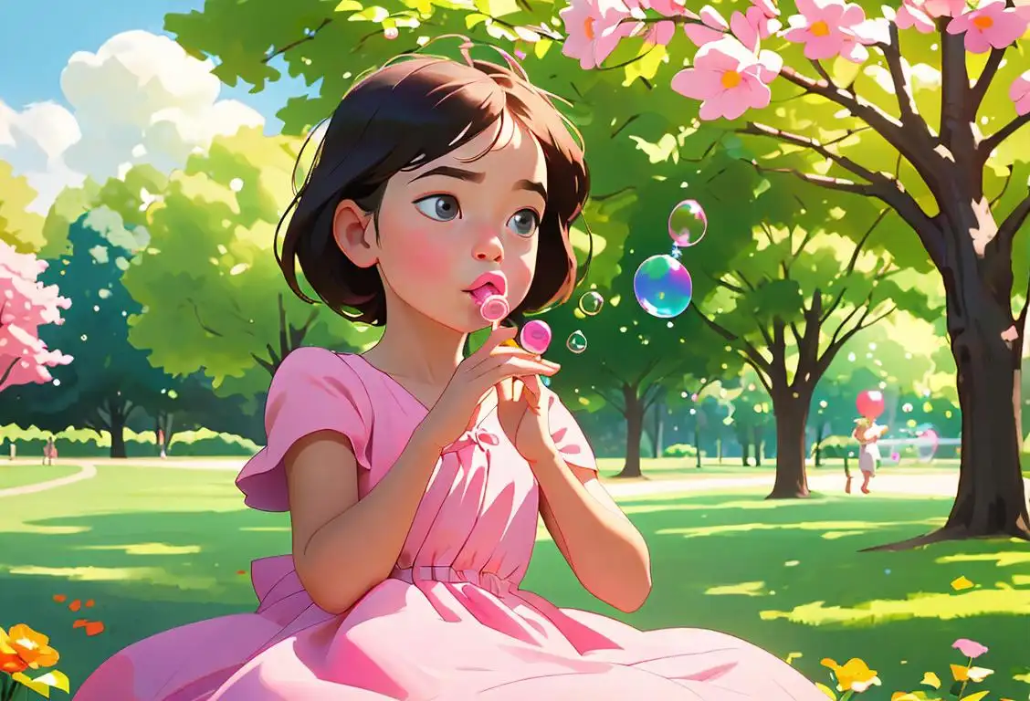 Young child blowing bubbles in a park, wearing a colorful summer dress, surrounded by trees and flowers..