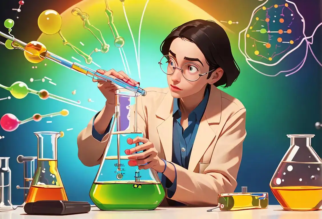 Young scientist holding a test tube, wearing a lab coat, surrounded by colorful scientific equipment, symbolizing the wonders of physics..