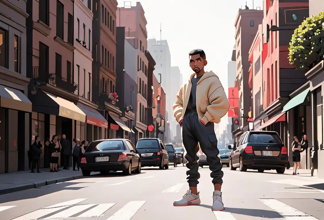 A stylish person wearing Yeezy sneakers with a trendy outfit, striking a pose in an urban street setting, surrounded by fashion-forward individuals..