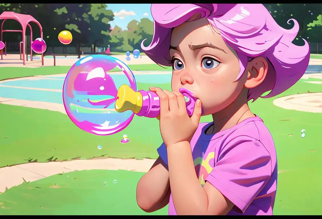 Young child blowing a giant bubble with bubble gum, wearing a colorful t-shirt, playground scene.