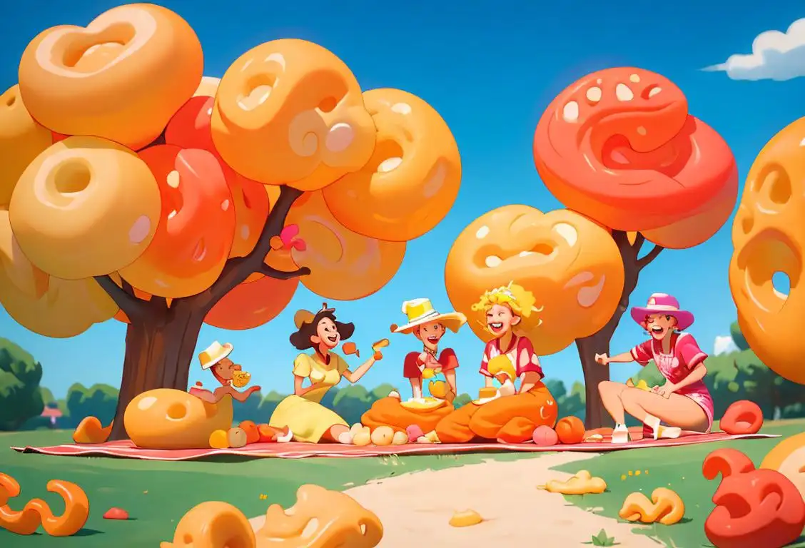 Cheese-tastic celebration! A group of diverse friends, dressed in vibrant outfits, enjoying colorful cheese doodles at a fun-filled picnic in a picturesque park..
