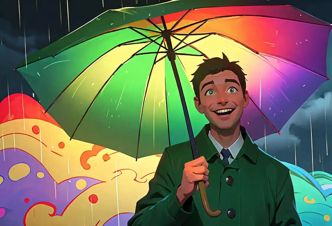 Friendly weatherman with a big smile, holding an umbrella, wearing a colorful raincoat, standing in front of a green screen with weather symbols..