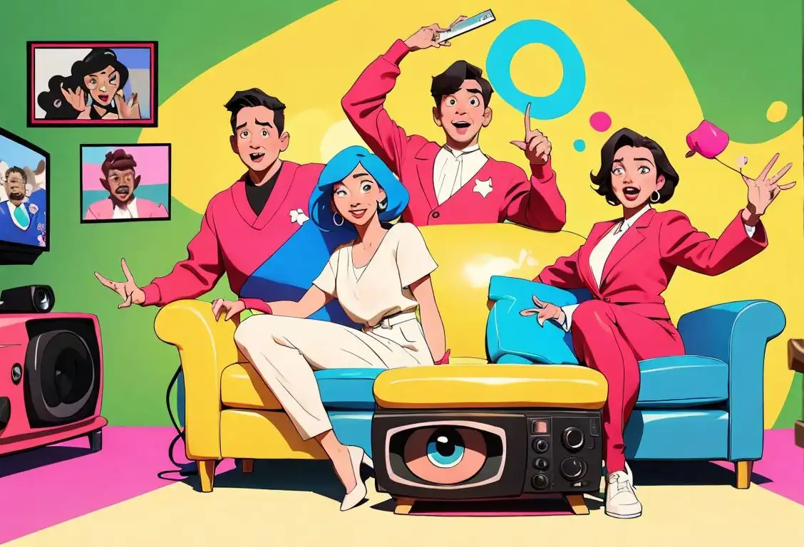 A diverse group of people, dressed in various fashion styles, gathered around a retro television in a vibrant living room, celebrating National Television Day with excitement..