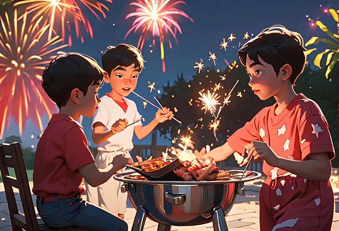 Family gathering around a smoky grill, wearing summer outfits, with children playing with sparklers in a backyard decorated with patriotic colors..