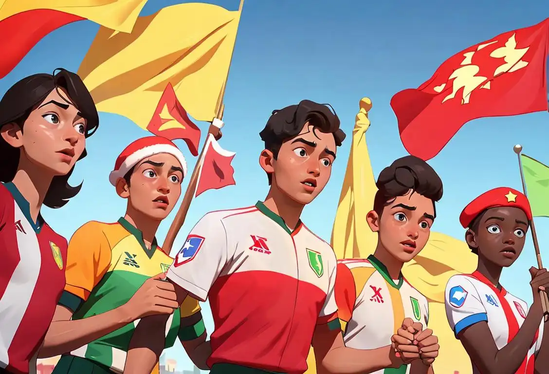 Group of diverse individuals representing different nationalities, holding hands, wearing jerseys, in a festive stadium atmosphere with flags waving..