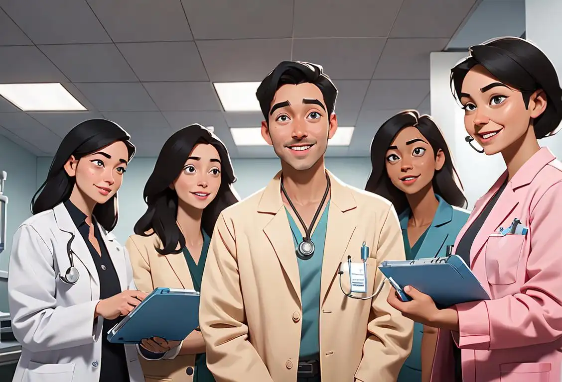 A diverse group of smiling healthcare professionals in lab coats, holding medical equipment in a modern research facility..