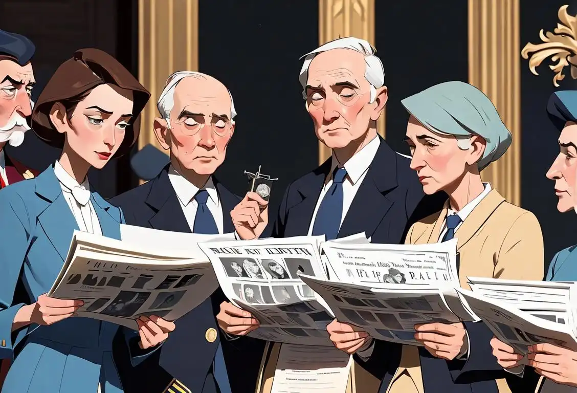 A group of people in formal attire, holding newspapers and eagerly discussing the National Herald Case, with an Independence Day parade in the background..