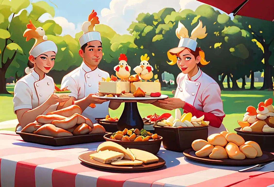 A group of friends wearing chef hats, enjoying cheesecake and chicken wings in a lively, colorful outdoor picnic setting..