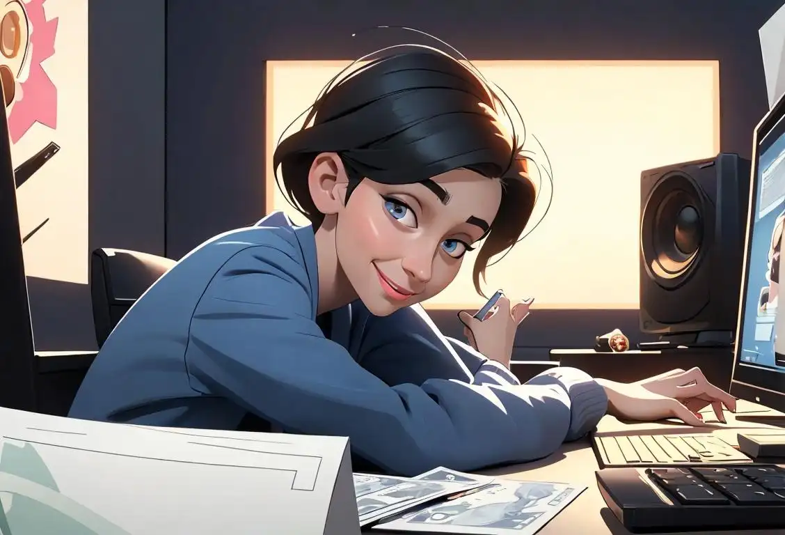 Happy person sitting at a computer, wearing casual clothes, surrounded by digital money, modern technology vibes..