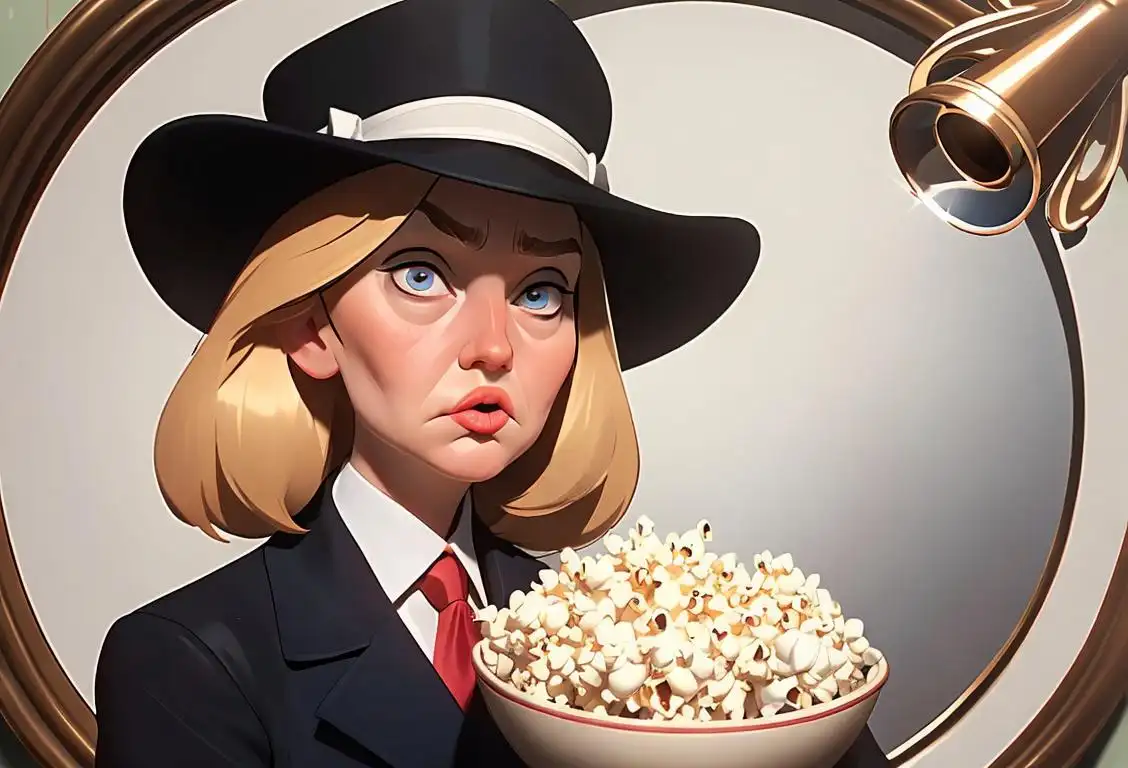 Young woman wearing a detective hat, holding a magnifying glass and a bowl of popcorn, surrounded by political memorabilia and humorous political cartoons..