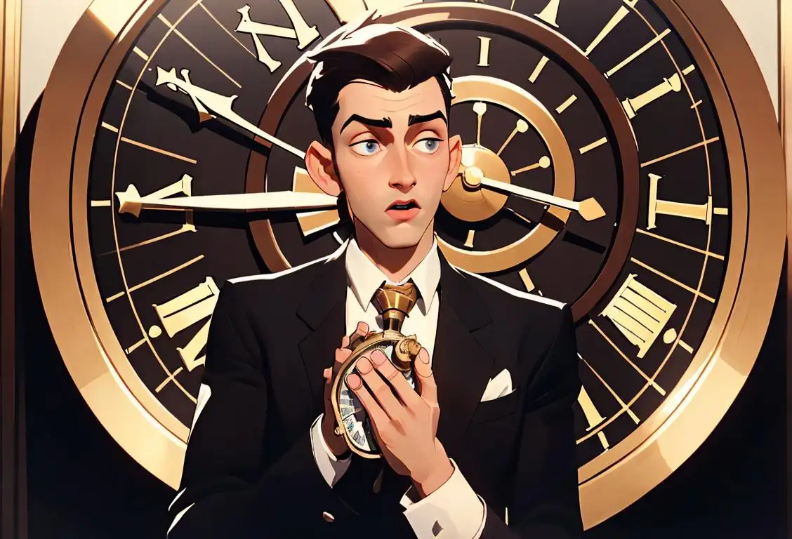 Young man holding a stopwatch, wearing a suit, in front of a clock tower, excited crowd around..