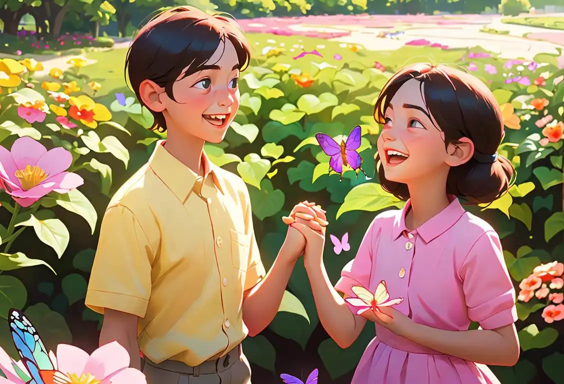 Two siblings, a brother and a sister, holding hands and laughing together in a beautiful outdoor setting, surrounded by blooming flowers and colorful butterflies..