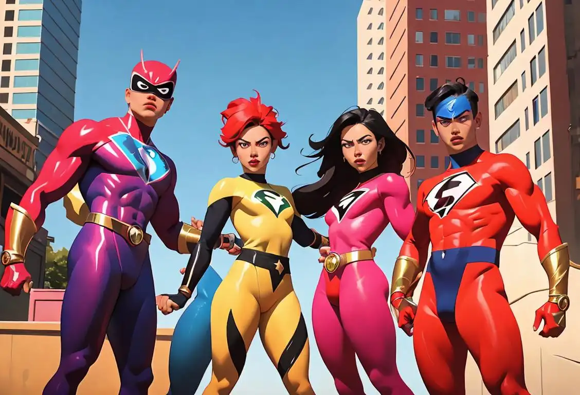 Group of diverse people, each wearing a colorful spandex suit, striking a powerful pose in an urban city setting..