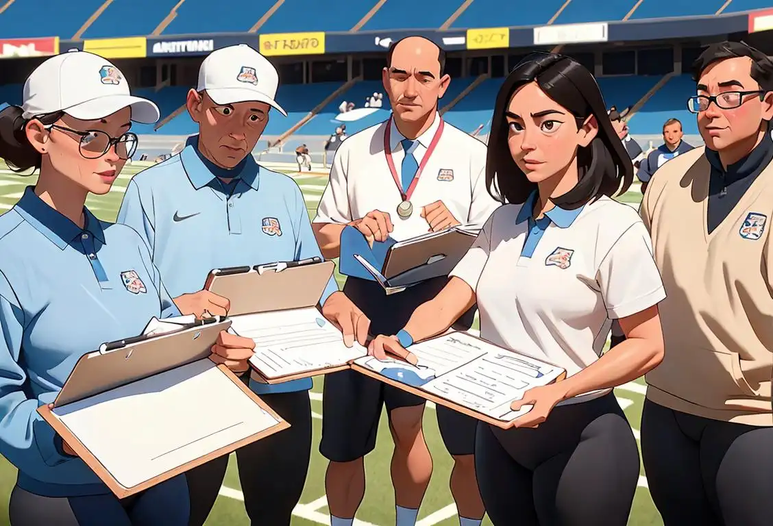 A group of athletic administrators wearing athletic gear, holding clipboards, surrounded by a bustling sports event..