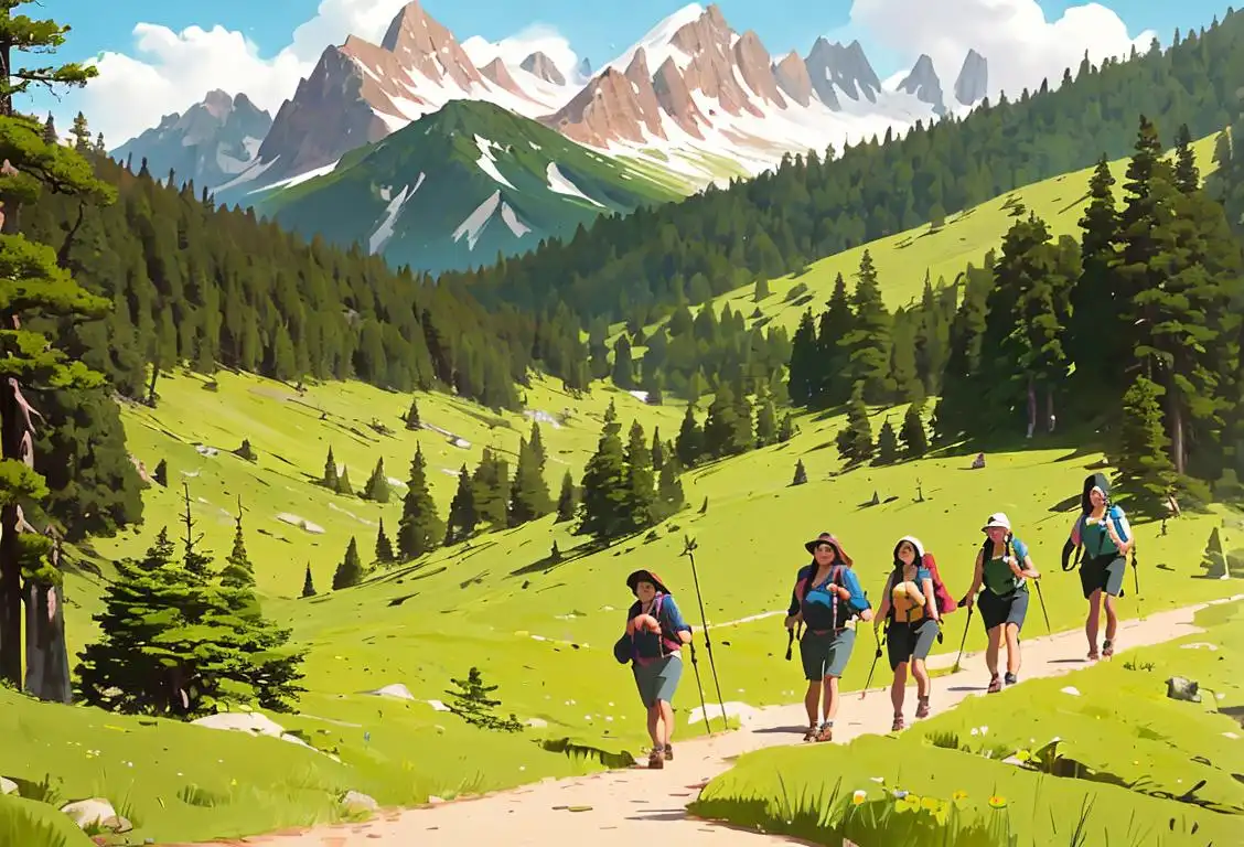 Group of diverse hikers in national park, wearing hiking gear, surrounded by lush greenery and stunning mountain backdrop..