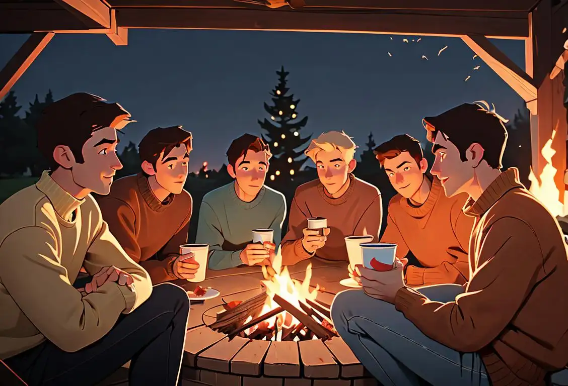 A group of friends sitting around a bonfire, wearing cozy sweaters, sipping hot chocolate, with a photo album filled with memories of ex-boyfriends on the table..