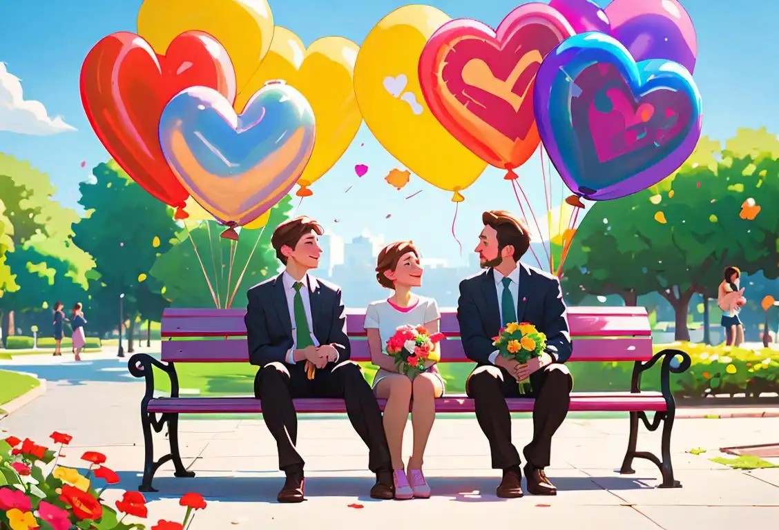 Two friends sitting on a park bench, one holding a bouquet of flowers, both wearing matching friendship bracelets, surrounded by colorful balloons..
