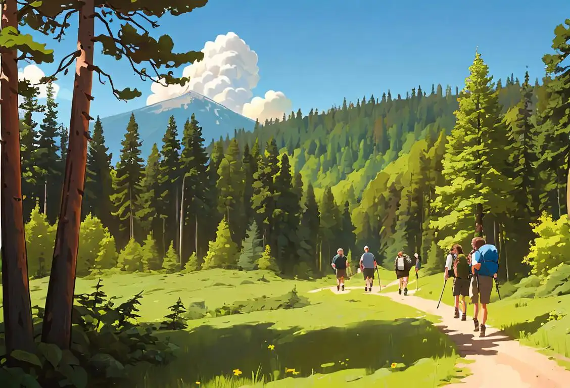 A group of happy hikers, including a variety of US presidents, exploring a lush national forest. They wear casual outdoor clothing and carry backpacks. Nature background with tall trees and blue sky..