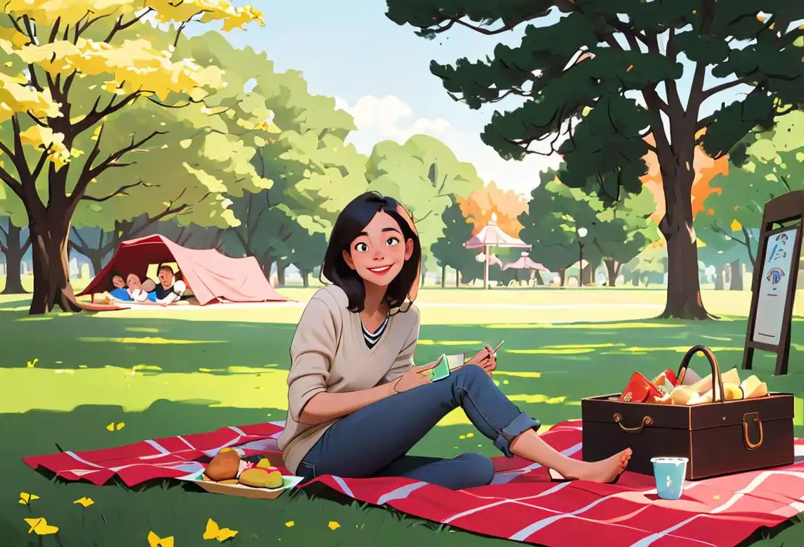 A smiling person, in casual attire, surrounded by a park, with picnic blankets and a sign that says 'Honesty is the best policy'..