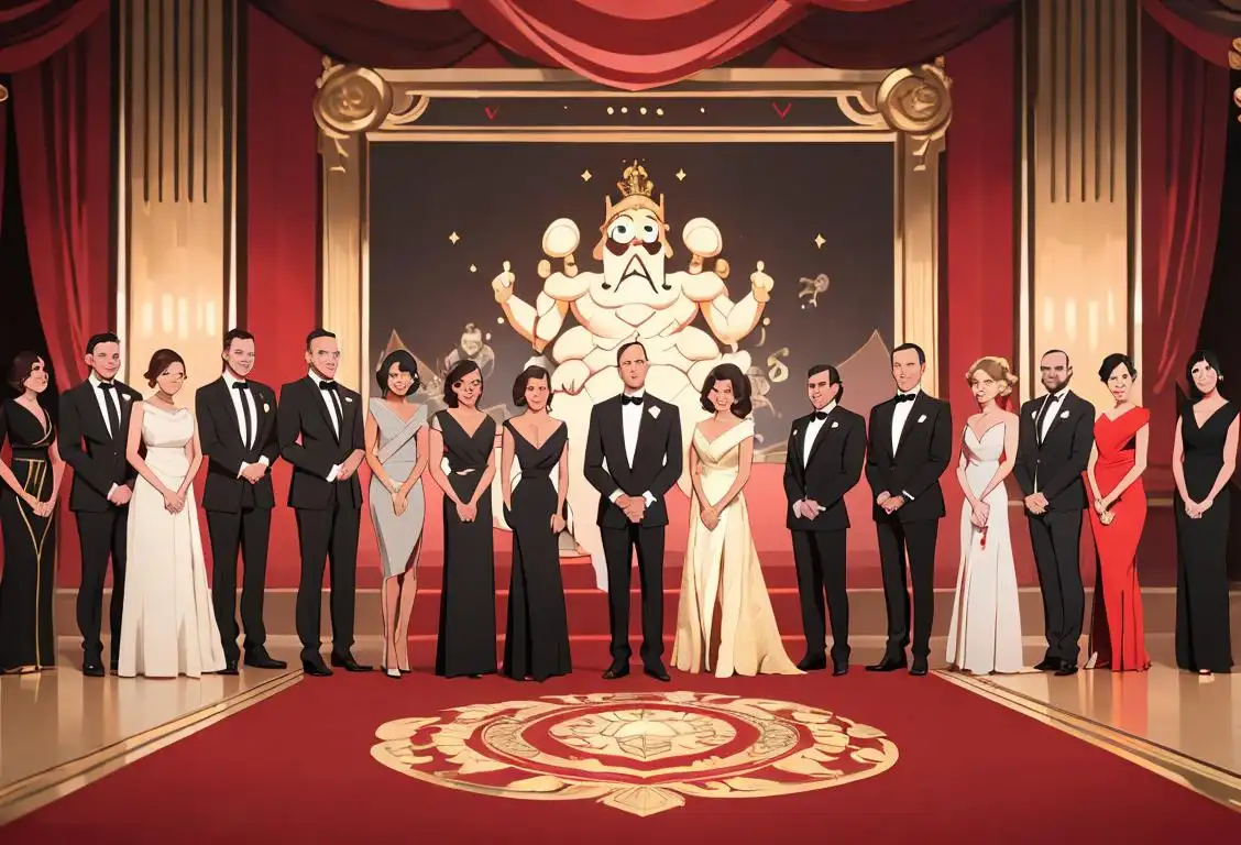 Group photo of diverse individuals holding different awards, dressed in formal attire, with a red carpet and stage set in the background..