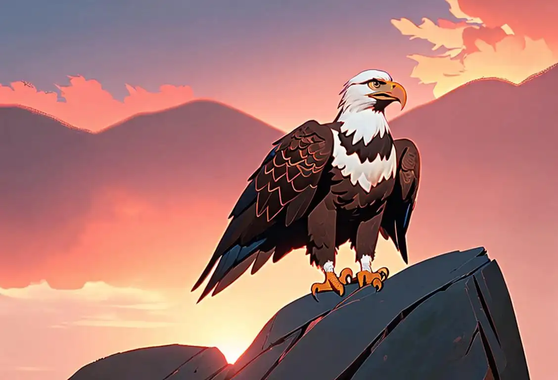 American Bald Eagle perched on a rocky cliff, patriotic colors in the background, majestic sunrise scene..