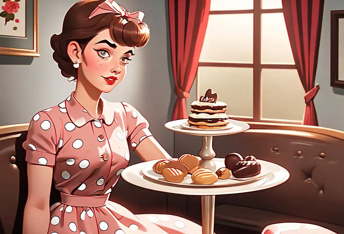 Young woman wearing a polka dot dress, vintage fashion, holding a tray with chocolates in a 1950s diner setting, celebrating National I Love Lucy Day..