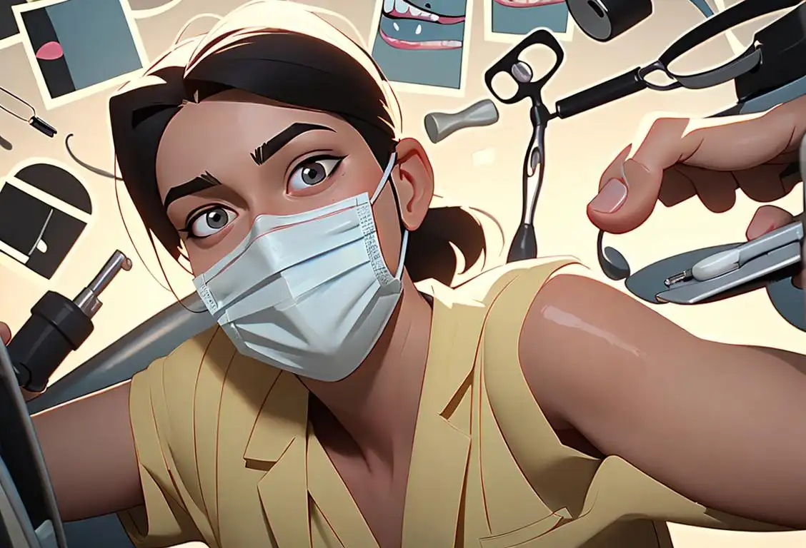 Young dentist in scrubs and mask, examining a bright smile, surrounded by dental tools, in a modern dental office..