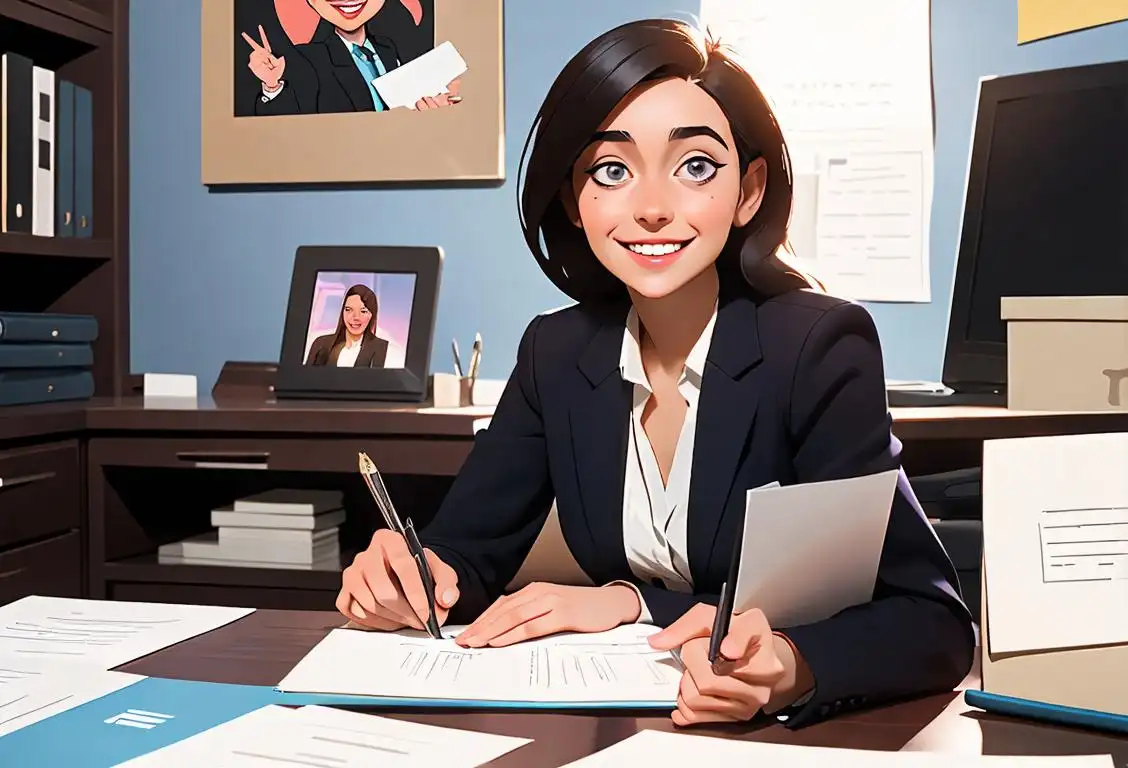 Smiling young woman in professional attire, holding a polished resume, surrounded by diverse office settings and job-related props..