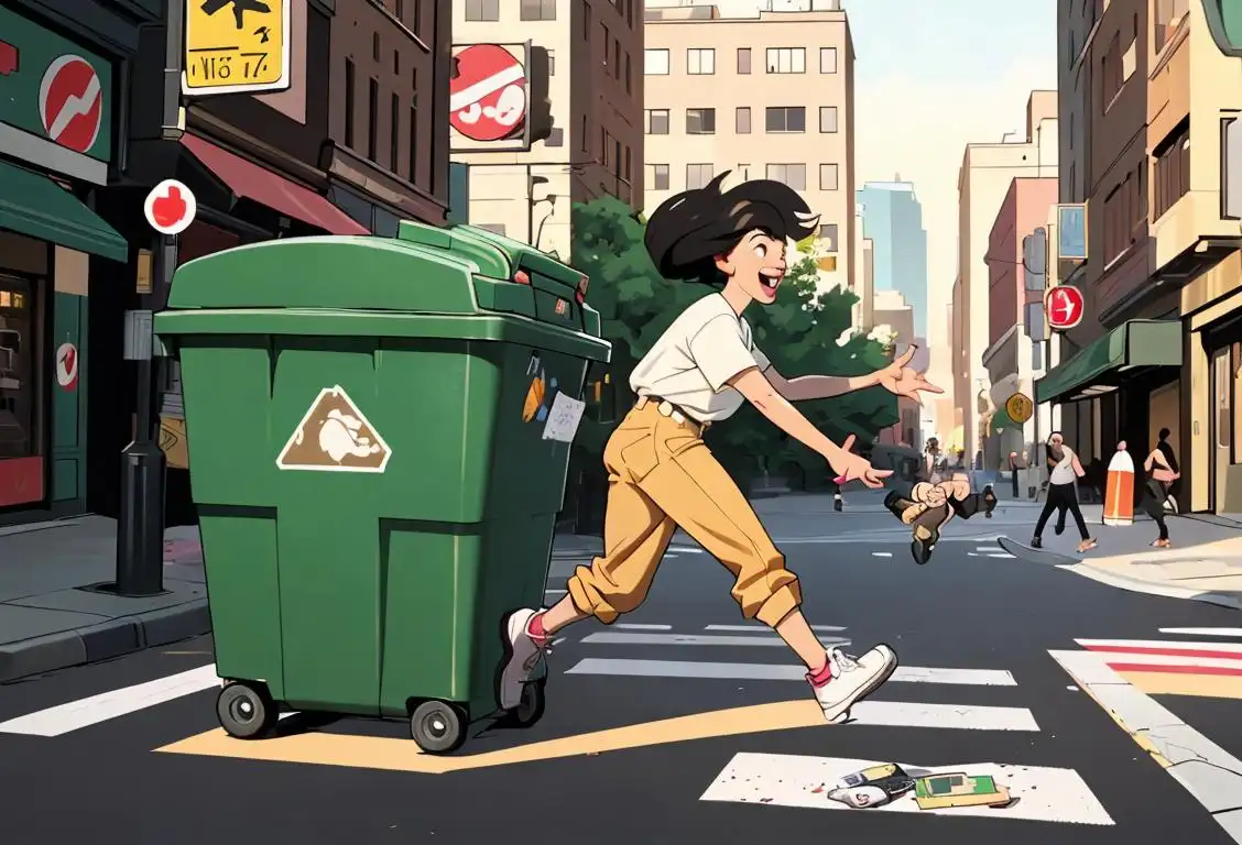 Person joyfully throwing a pager into a trash bin, surrounded by retro gadgets, in a lively urban setting..