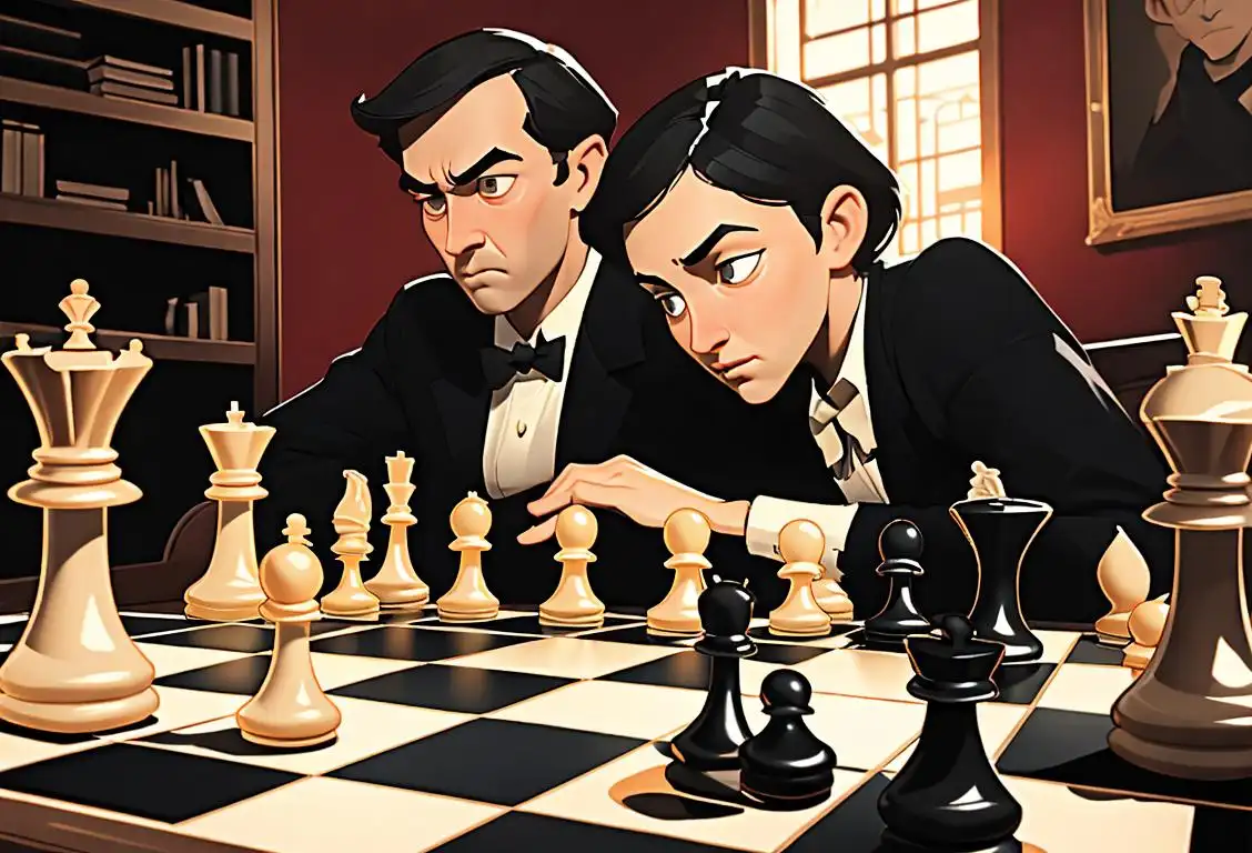 Two focused individuals, one hunched over a chessboard, intense concentration, vintage-style clothing, library setting..