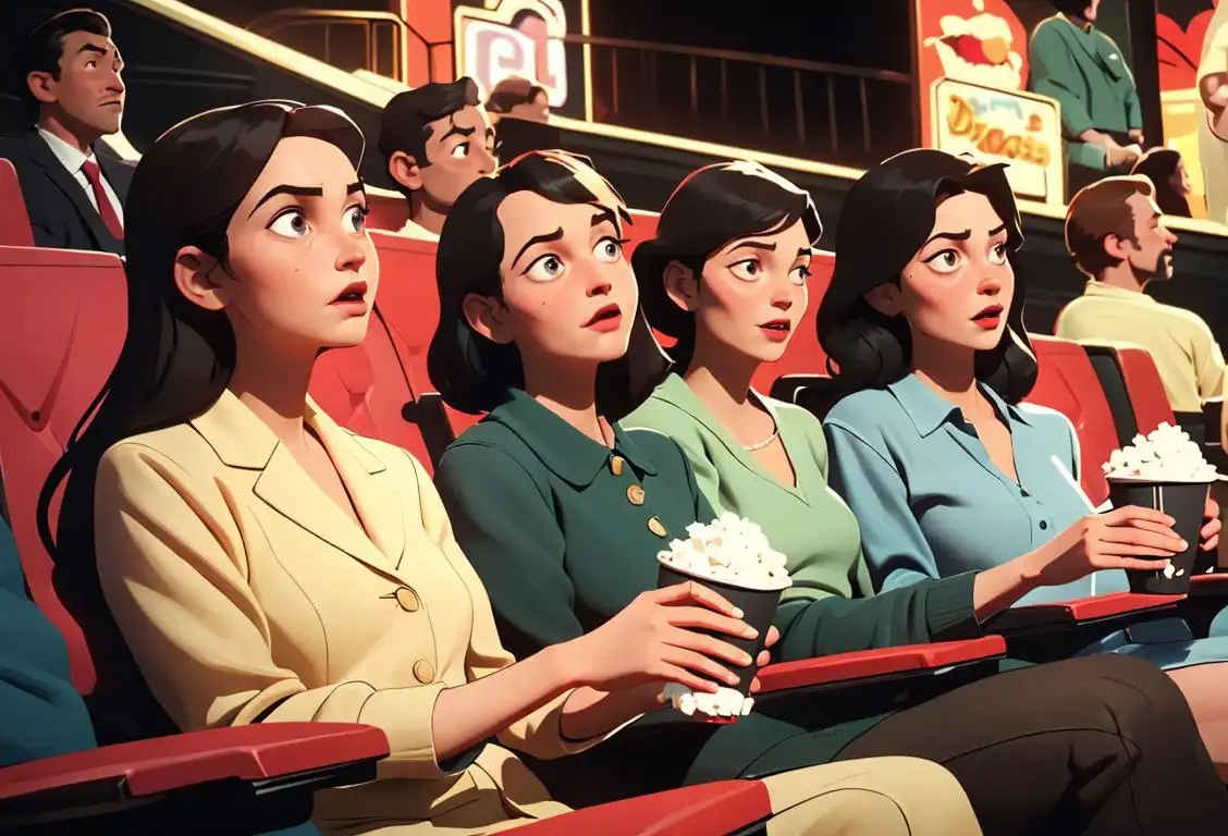 A group of diverse people in a movie theater, enjoying a film on National Go to the Movies Day. Some wearing vintage clothing, others in modern attire, creating a festive cinema atmosphere..