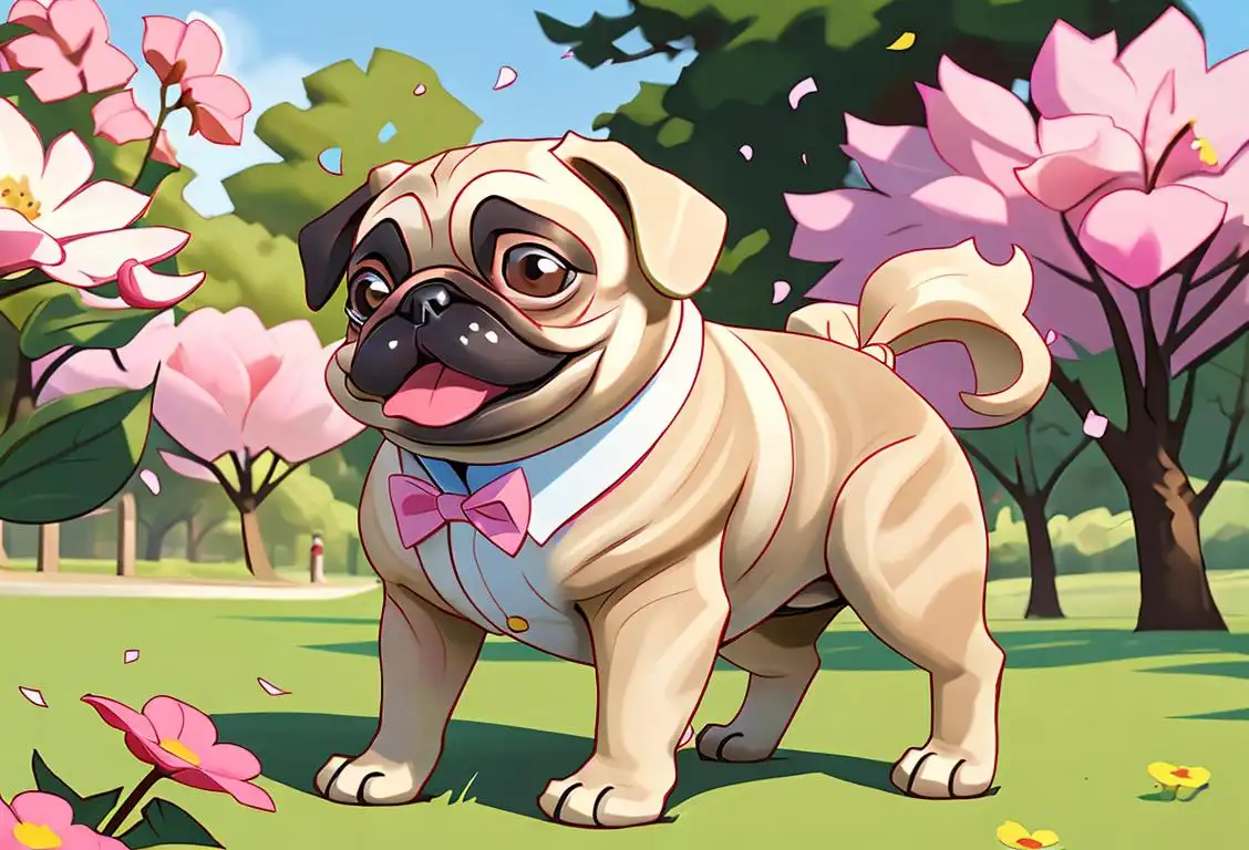 A pug out for a walk in a park, wearing a cute bowtie, surrounded by flowers and smiling faces..