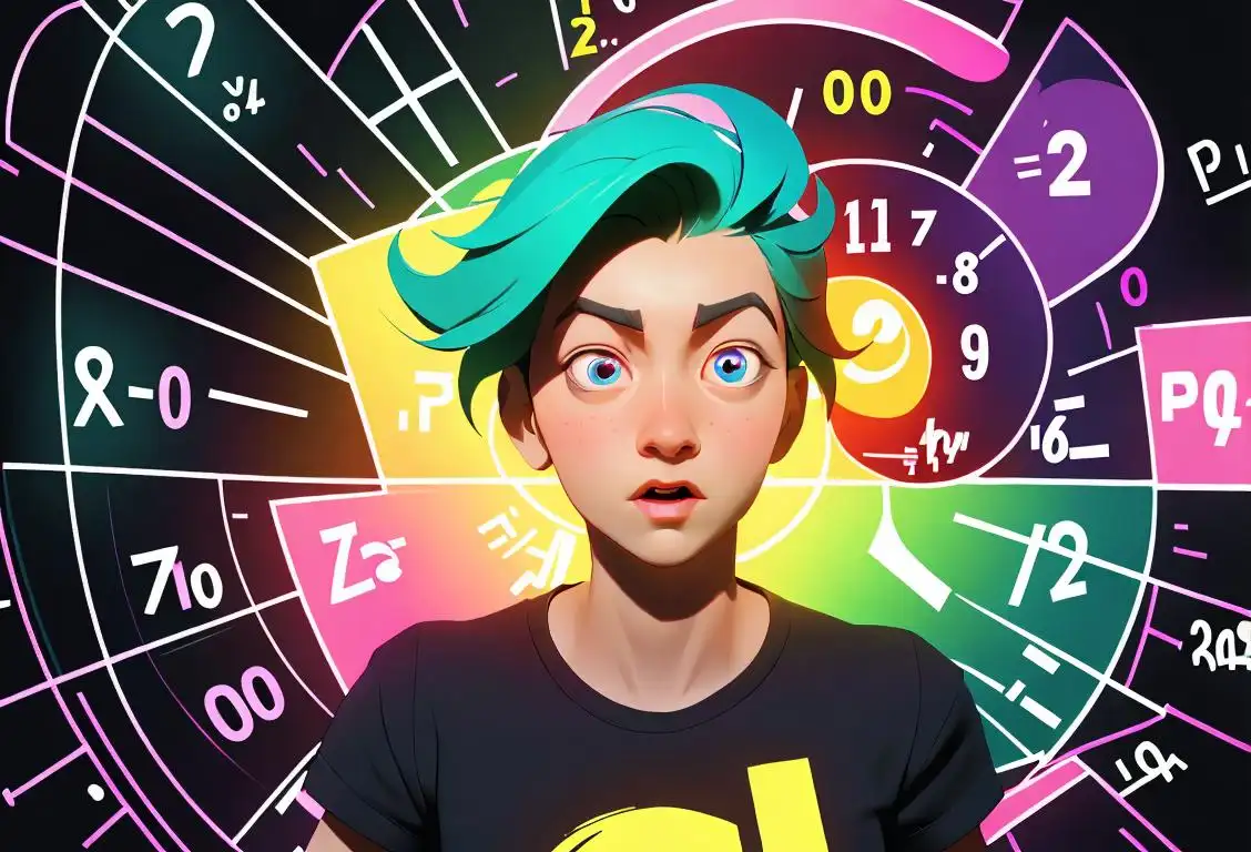 Energetic person wearing a t-shirt with pi symbol, surrounded by colorful mathematical equations, futuristic digital backdrop..