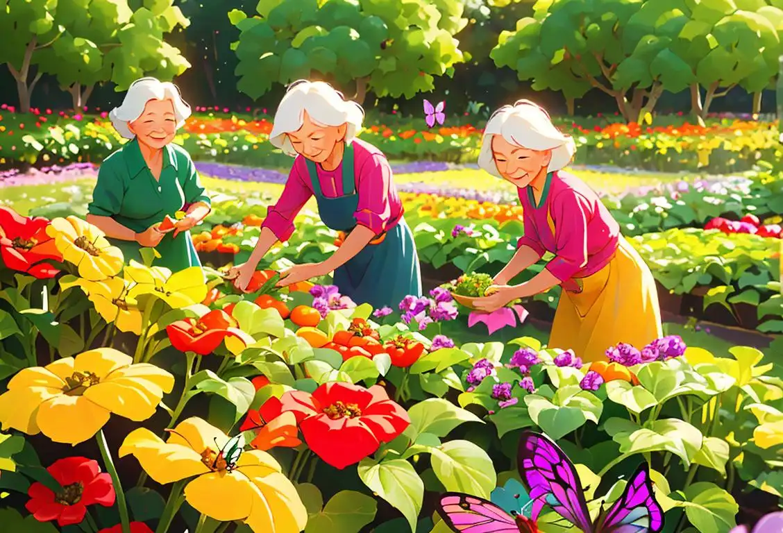 Bright and colorful image of people of different ages happily harvesting various vegetables in a sunny garden surrounded by vibrant flowers and butterflies..