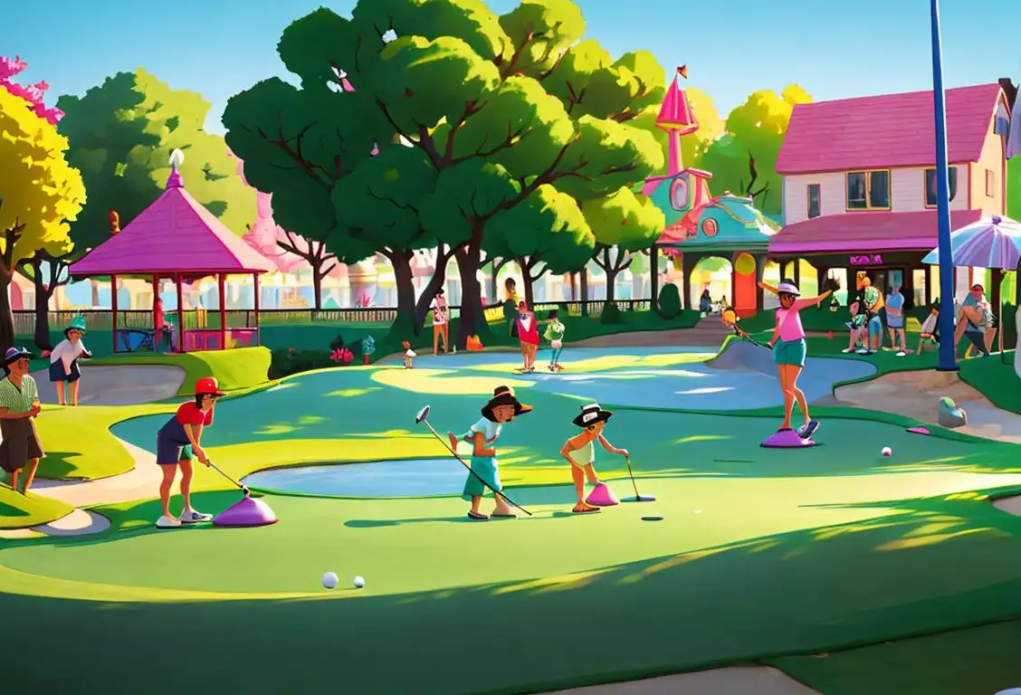 A group of people enjoying a round of miniature golf in a colorful, whimsical, outdoor setting with stylish attire and accessories..