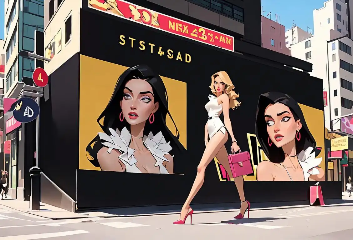 Elegant woman confidently strutting in high stilettos, wearing a trendy outfit in a bustling city street adorned with fashion billboards..