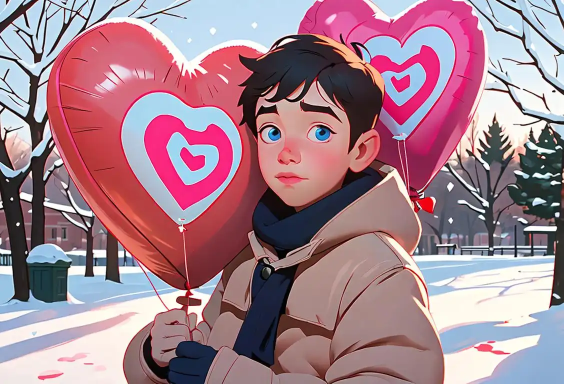 Young boy with a heart-shaped balloon, wearing a cozy winter outfit, snow-covered park scene..