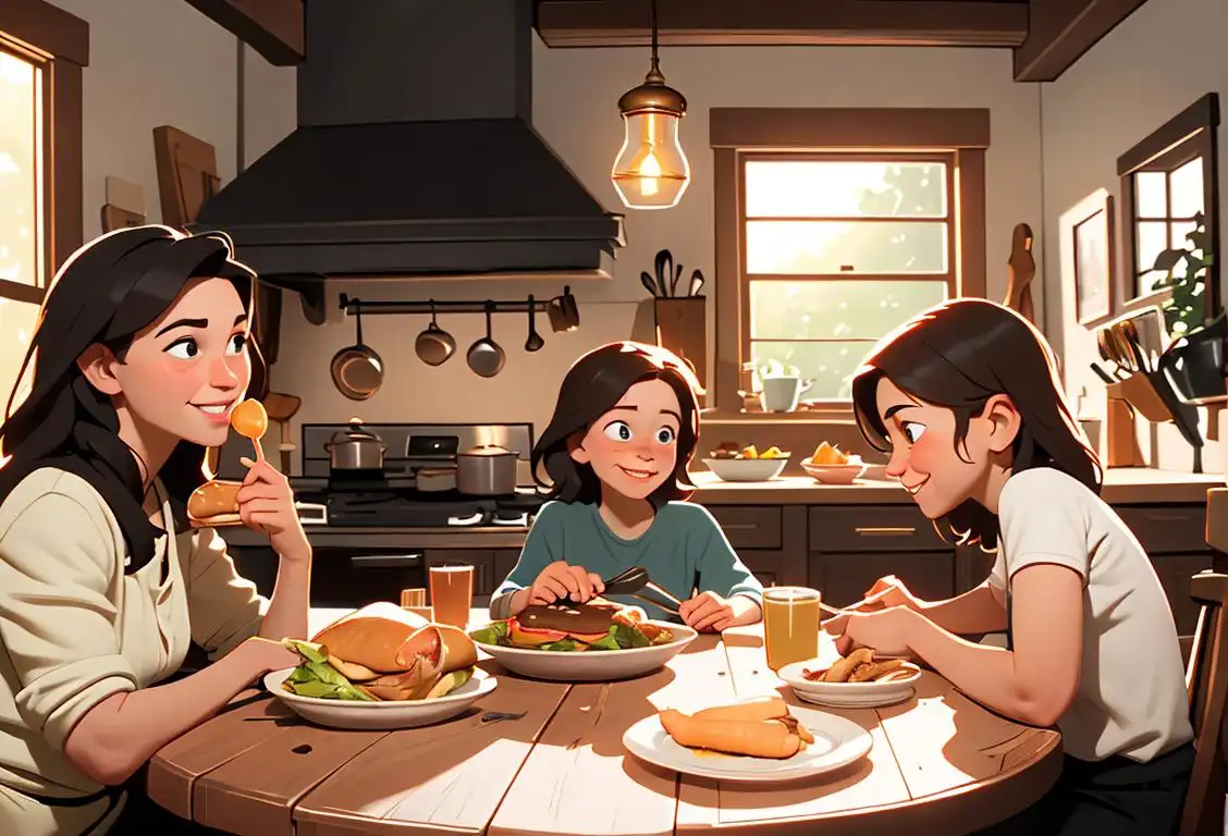 A family sitting around a table, enjoying a mouthwatering meal with smiles on their faces. The scene is set in a cozy, rustic-style kitchen with warm lighting..