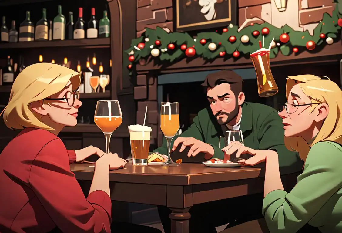 A group of friends clinking glasses in a cozy pub, wearing stylish outfits and enjoying the festive atmosphere of National Alcohol Day..