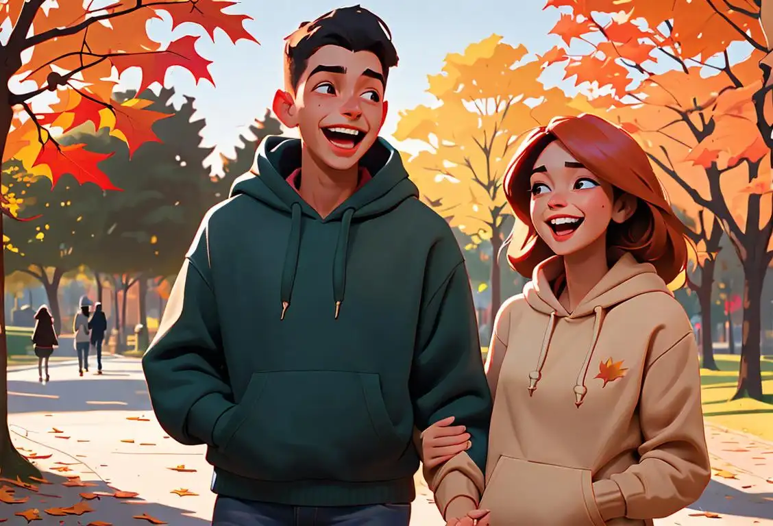 Young man and woman walking together in a park, laughing while she wears his hoodie, autumn leaves falling, cozy and affectionate..