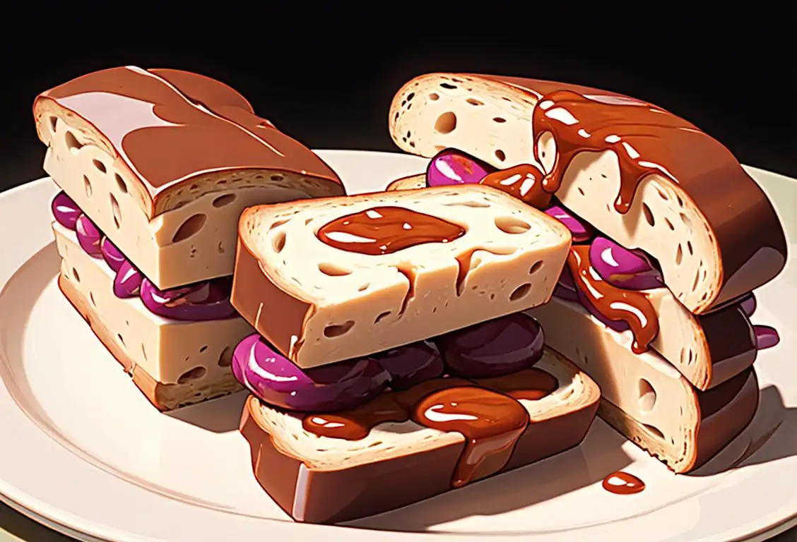 Young child wearing a peanut butter and jelly sandwich costume, surrounded by slices of bread and jars of peanut butter and jelly..
