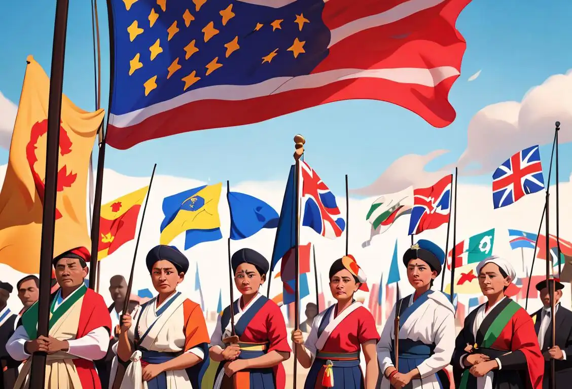 A diverse group of people, proudly holding their national flags, dressed in traditional attire, against a backdrop representing their unique cultures..