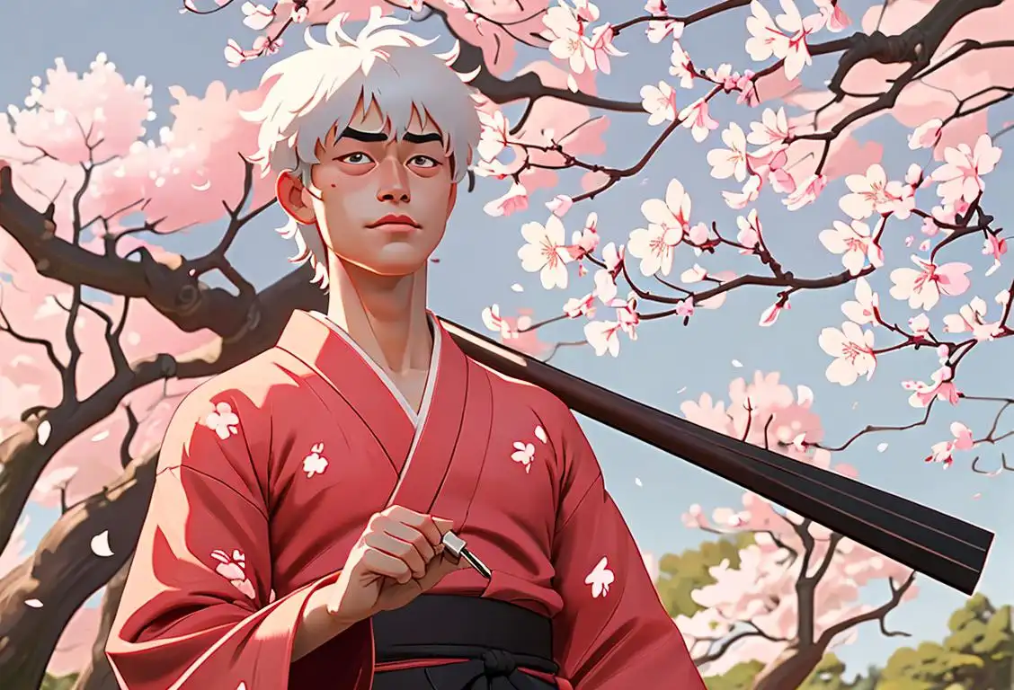 Happy gintoki fan posing with a bokken, wearing a kimono, cherry blossom filled Japanese garden backdrop..