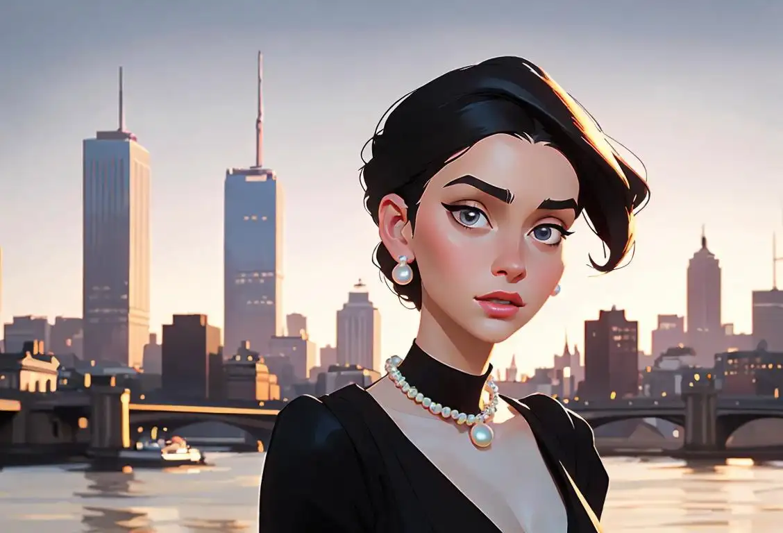 Young woman wearing a chic black dress, holding a strand of pearls, elegant city skyline background..