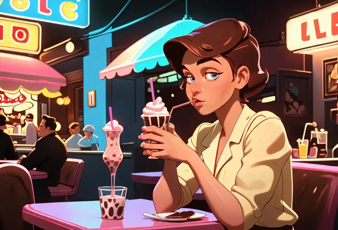 Young person sipping a chocolate milkshake, wearing a retro-style 50s outfit, at a vibrant diner filled with neon lights..
