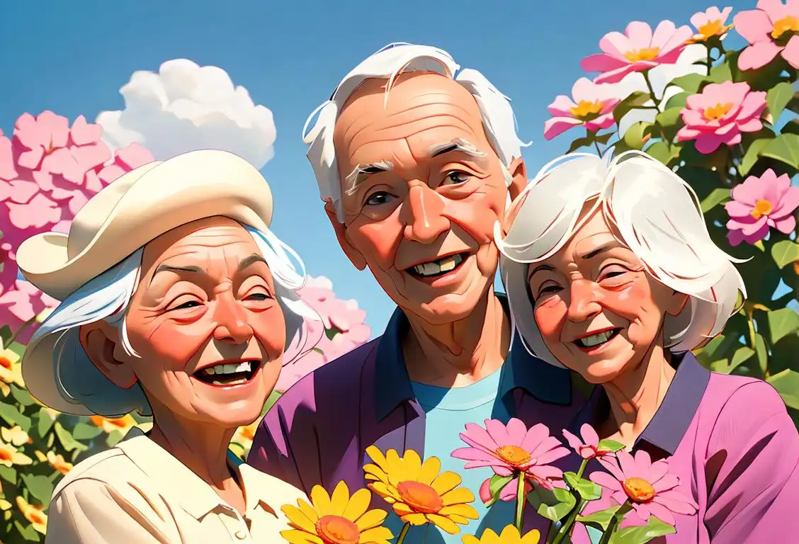 Happy grandparents with their grandchildren, enjoying a sunny day at the park, dressed in casual summer attire, surrounded by blooming flowers and laughter..