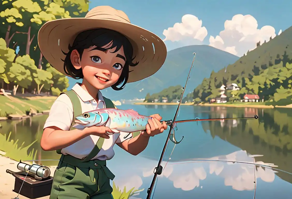 A joyful child in a fishing hat with a fishing rod, surrounded by a serene lakeside scenery..