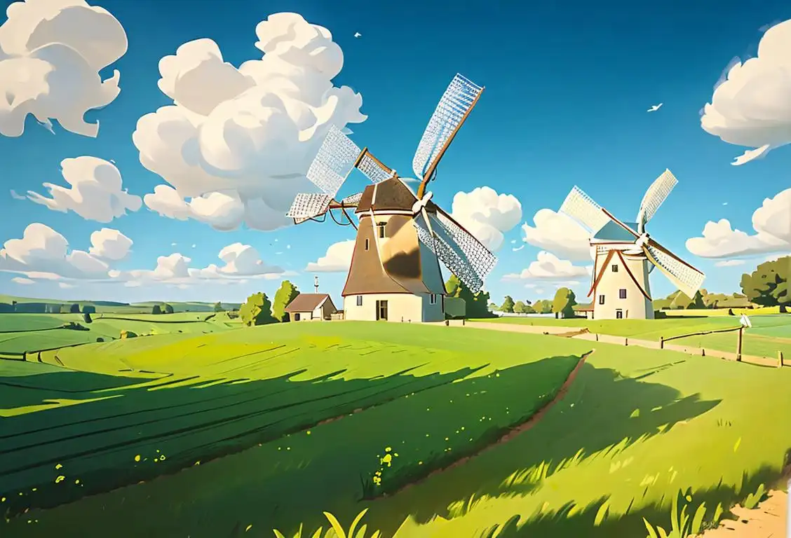 A picturesque windmill against a blue sky backdrop, surrounded by lush green fields, showcasing the beauty and power of wind energy..