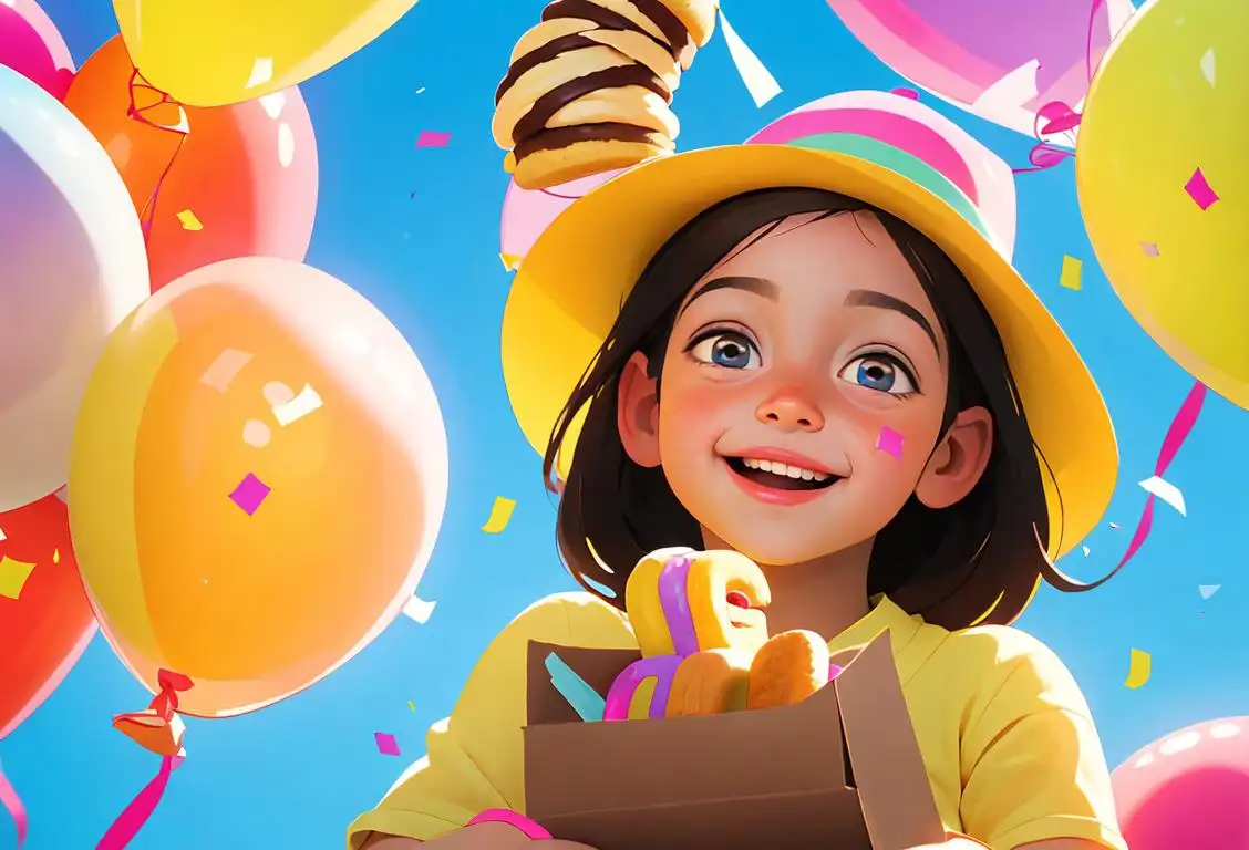A happy child enjoying a Hostess Twinkie, wearing a party hat, surrounded by colorful balloons and confetti..