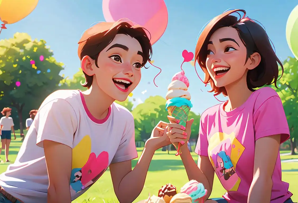 Two friends laughing together in a park, wearing matching t-shirts, summer picnic scene with colorful balloons and ice cream cones..
